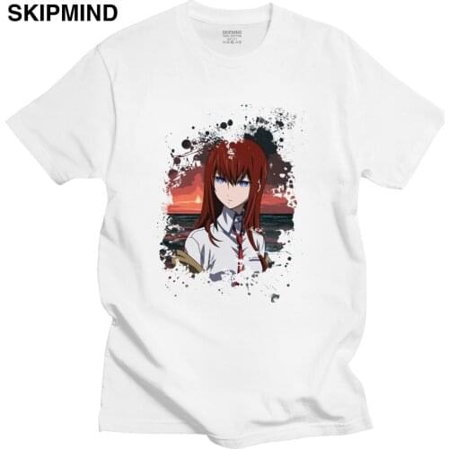 Kawaii Kurisu Makise T Shirt Men Pure Cotton Manga T-shirt Round Neck Short Sleeve Anime Steins Gate Tee Fitted Clothing Merch