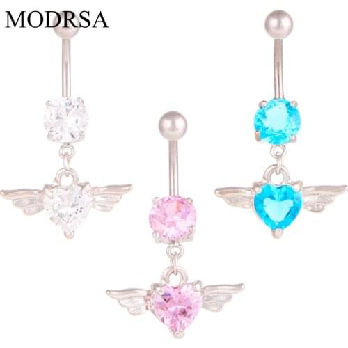 1PC Zircon Angel Wing Brlly Button Ring Heart Navel Piercing Sexy Stainless Steel Bar Belly Dangle Fashion Body Piercing Nombril