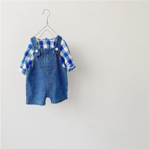 2021 summer new baby clothes set boys plaid shirt and denim overall 2 pcs boys suit