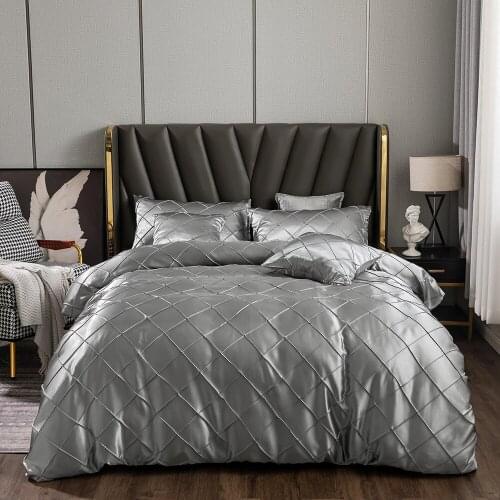Gray Comforter Cover Bedding Set King Size Silky Satin Pleat Grid Quilt Duvet Cover Set for Adults Bed Bedclothes Bed Linen Set