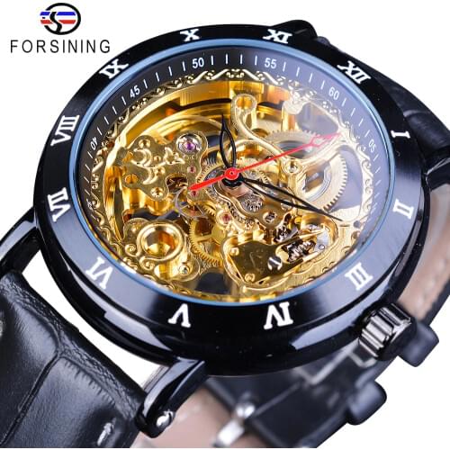 Forsining Royal Flower Carving Gear Golden Movement Genuine Leather Roman Number Bezel Mens Mechanical Watches Top Brand Luxury