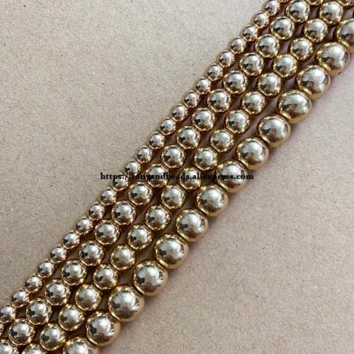 Shining KC Gold Plated Natural Hematite Stone Beads 4 6 8 10 MM 15" Per Strand Pick Size