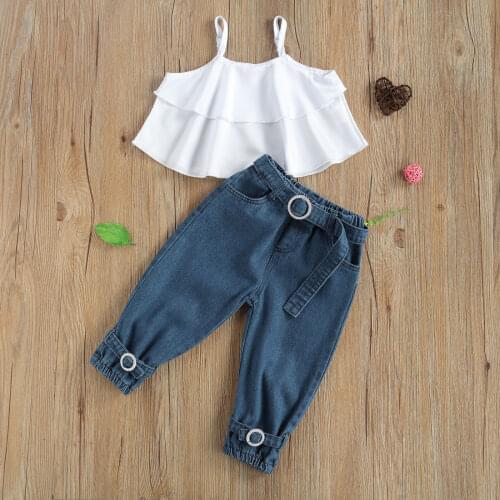 1-6Y Fashion Kids Girls Clothes Sets Ruffles Strapless Vest Tops Blue Denim Pants Include Belt Summer Outfits