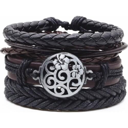 Casual Vintage Brown Black Beads Women Round Love Rudder Charm Men Leather Bracelets Female Homme Jewelry 4 Pcs/set