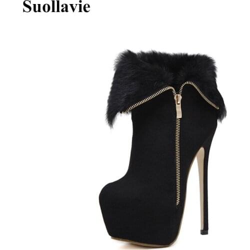 Suollavie 2021 winter women boot Rabbit fur warm women shoes fashion zipper ankle boots woman platform shoes women botas mujer