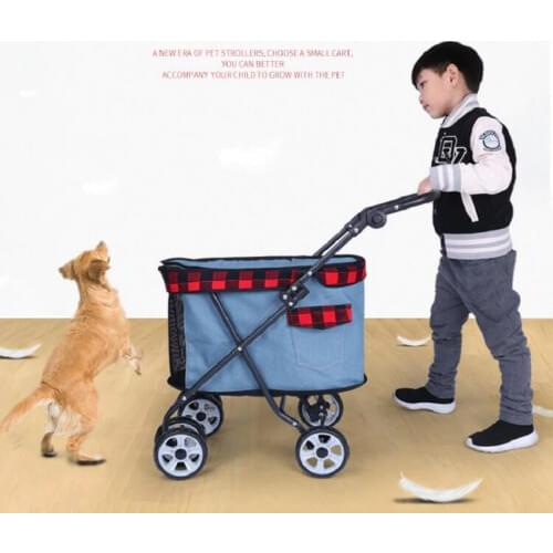 Outdoor Pet Cart Dog Cat Carrier Pet Stroller Denim Adjustable height 4-wheels One-key Folding