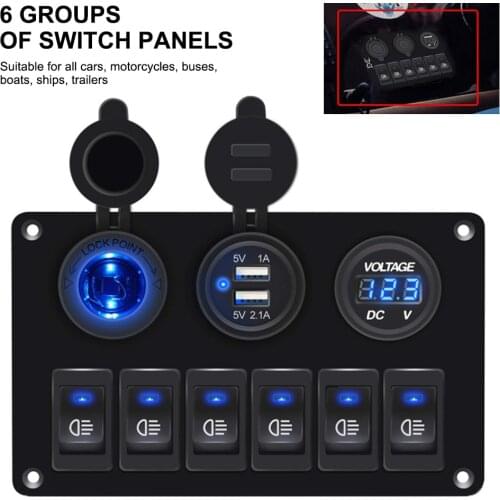 Universal 12V-24V 6 Groups Switch Panels with Dual USB Car Lighter Digital Voltemeter Waterproof for Car Marine Boat Truck Yacht