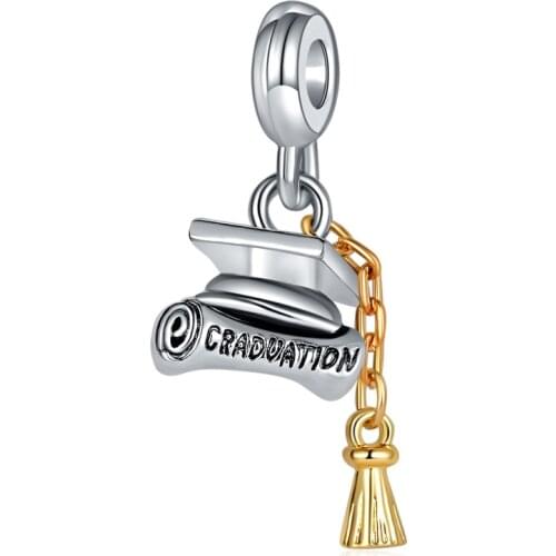 Simple Style Carved Letters Graduation Bachelor Cap Pendants fit Original Pandora Bracelets for Women Handmade DIY Charms Gifts