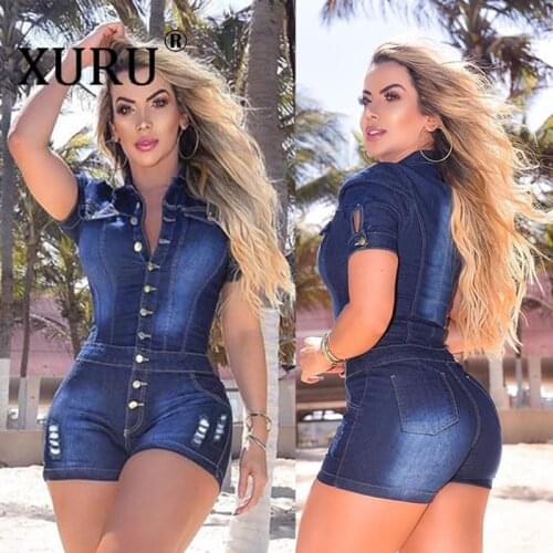 XURU European and American New Product Denim Jumpsuit Slim Slimming Jumpsuit Ripped Pleated Jumpsuit Denim Shorts