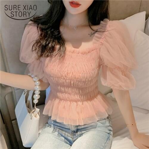 Korean Fashion Clothing Summer New Elegant Mesh Blouse Women Streetwear Blusas Mujer De Moda 2021 Puff Sleeve Pink Tops 10026