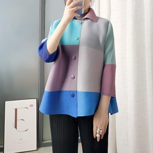 Womens Summer Thin Jacket Miyak Pleated Doll Collar Color Stitching Casual Spring Summer Loose Coat Plus Size Female Outerwear