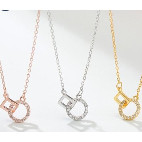 Pure silver geometric double ring necklace womens new cool air net red clavicle chain micro drill short silver chain in 2021