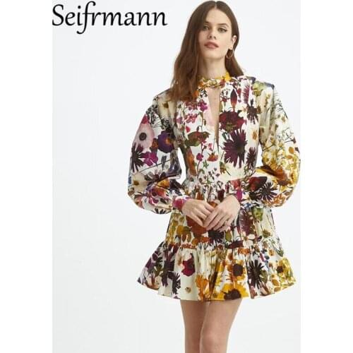 Seifrmann New 2021 Autumn Women Fashion Runway Party Mini Dress Lantern Sleeve High Waist Floral Print Elegant Patchwork Dresses