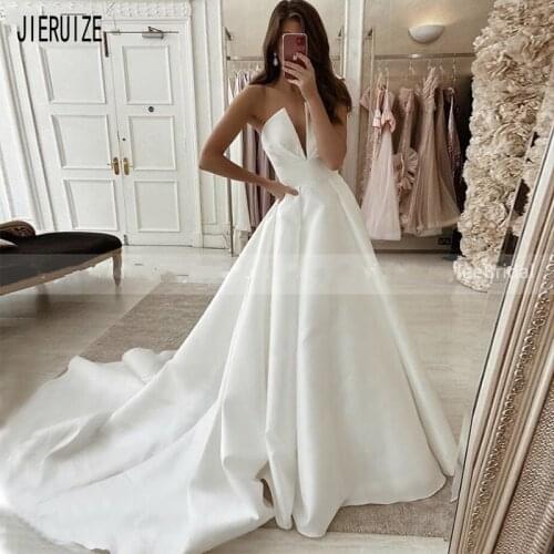 JIERUIZE Simple Chic Wedding Dresses V Neck Strapless Neck Lace Up Back Satin Bridal Dresses Wedding Gowns Robe De Mariee