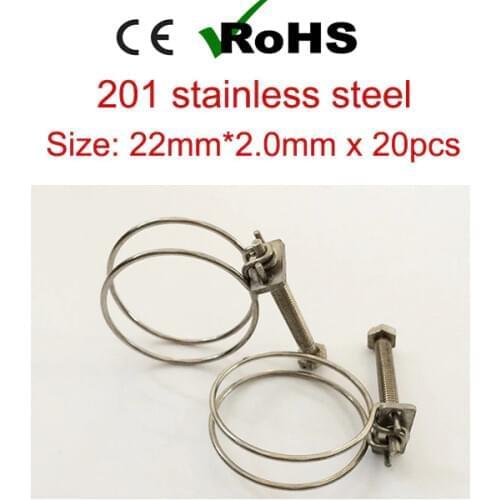22mm*2.0mm x 20pcs Stainless Steel Hose T Clamp Double Wire Pipe Clips