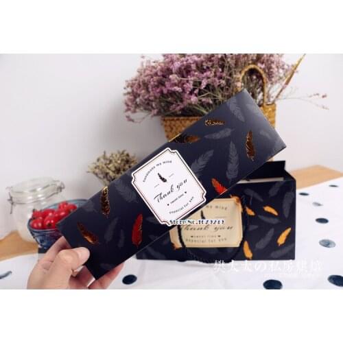 24.2*7.2*5cm Golden Bronzing feather black paper Box,Dessert Macaron pastry Biscuits box, Cakes packaging boxes 100pcs/lot