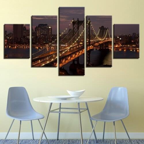 5 Pieces Manhattan Bridge New York City Night Landscape Posters Wall Art Framework Canvas Paintings Living Room Decor Pictures