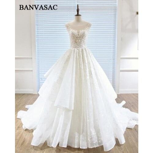 BANVASAC 2018 Ball Gown Sheer O Neck Plus Size Wedding Dresses Embroidery Real Photos Lace Appliques Court Train Bridal Dresses
