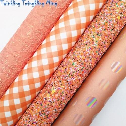 Mixed Glitter Leather, Lace Glitter with Felt Backing, Plaids Printed Faux Leather Fabric For Bows 21x29CM Twinkling Ming KM499