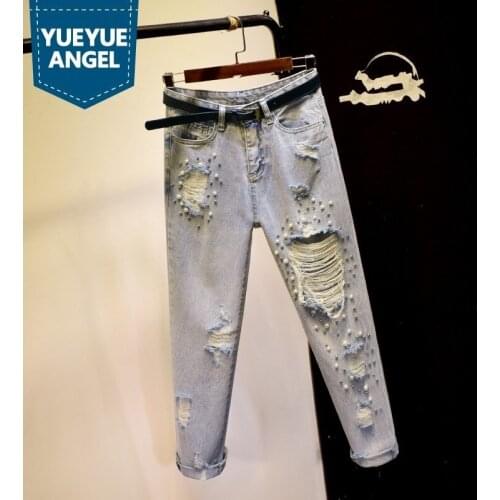 Hot Sale Summer Embroidered Flares Hole Ripped Womens Denim Trousers High Waist Slim Ankle Length Streetwear Female Harem Pants