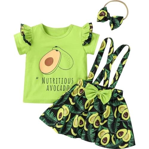 Infant Kids Baby Girl Skirt Three Piece Suit Fresh Avocado Print Short Sleeve T-shirt and Bow Suspender Skirt with Headband 1-5T