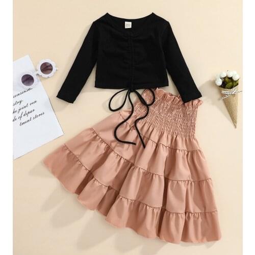 FOCUSNORM 2pcs Fashion Infant Girls Holiday Clothes Sets 1-6Y Solid Long Sleeve Vest Tops Ruffles High Waist A-Line Skirts