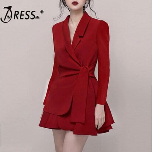 INDRESSME 2019 New Women Fashion OL Style 2 Piece Sets Suits Deep V Long Sleeve Slim Lace Up Blazer Short Skirt Office Lady