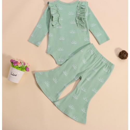 2021 Baby Girls Two-piece Clothes Set, Sun Printed Pattern Long Sleeve Romper and Flared Pants