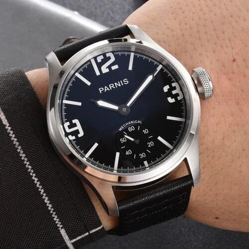 46mm parnis black dial 6498 movement hand winding mechanical mens luxury watch
