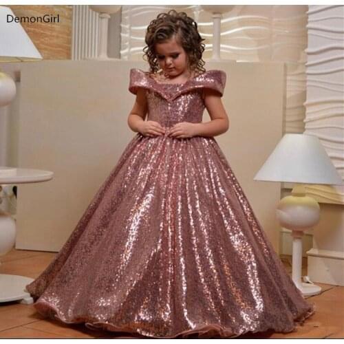 New Puffy Off The Shoulder Flower Girls Dresses For Wedding Glitter Full Sequins Girls Birthday Pageant Gown
