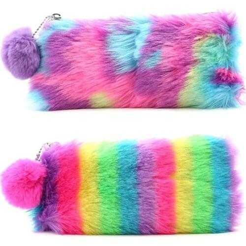 New Rainbow Color Plush Pencil Case Girls Color Girl Heart Pencil Case Cosmetic Bag Student Stationery Storage Bag