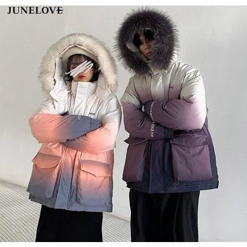 JuneLove Women Casual Tie Dye Fur Collar Thick Warm Down Coats Couple Harajuku Pockets Parkas Ladys Korean Oversize Streetwears
