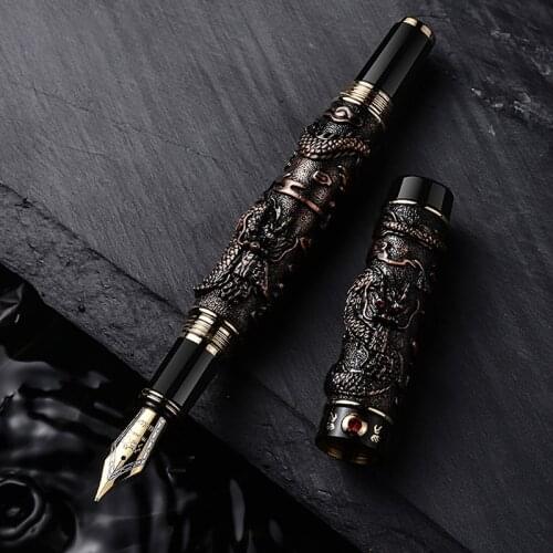 Luxury quality brand JinHao Dragon Relief Fountain Pen carve silver Spin Gun gray auspicious elegante signature golden ink pens