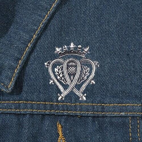 Vintage Hijab Pins Scottish National Flower Thistle Crown Brooches Pins Women Accessories Double Heart Bouquet Brooches Badge