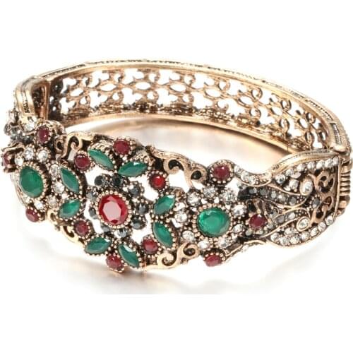 WBMQDA Hot Boho Hollow Crystal Flower Wide Bracelets For Women Antique Gold Bangles Ethnic Wedding Jewelry Accessories