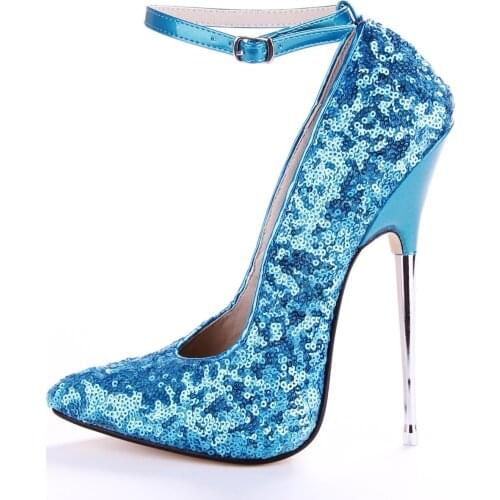US4-12 16cm Womens Sequins Bling Stilettos Buckle Pointy Toe Super High Steel Heel Stilettos Real Leather Nightclub Shoes Sexy