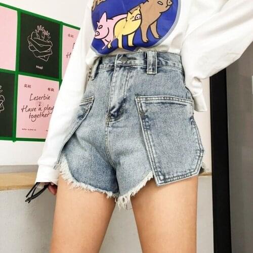 Female 2021 Summer Korean Fashion Asymmetry Burrs Large Pocket Wide Legs Denim Shorts High Waist Short Jeans for Women Y769
