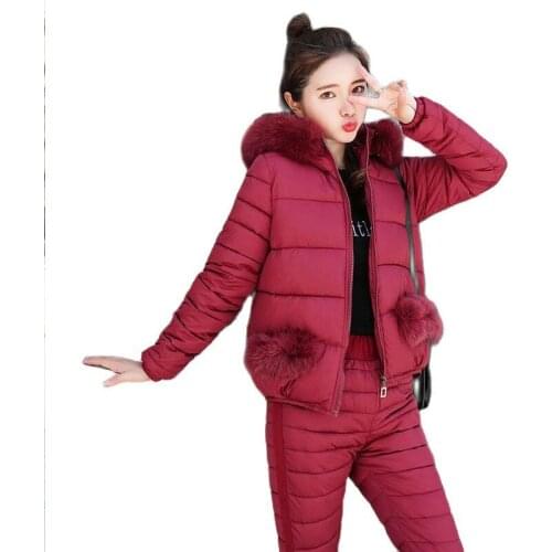 Winter Womens Fashion Set Two-Piece Suit 2021 New Slim Hooded Fur Collar Jacket Cotton Trousers Women Large Size Warm Short Top