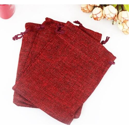 100pcs Vintage Drawstring Jewelry Gift Packaging Bags Deep Red Linen Pouches Jute Case Wedding Favor Holder 13x18cm