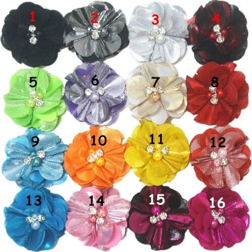 30 pcs/lot Handmade Metallic Flower with Rhinestone and Fake Pearl Girl Kids Headwear Accessories