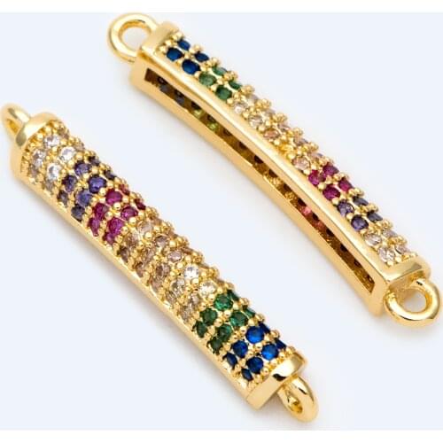 4pcs Rainbow CZ Tube Connector 27.5x4mm, 18K Gold plated Brass Bar, Colorful Cubic Zirconia Stick Connector For Jewelry DIY