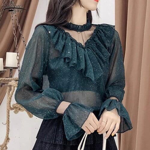 Blusa New Korean Style All-match Mesh Stitching Women Shirts Stand Collar Office Lady Women Blouses Solid Sexy Lace Shirts 10612