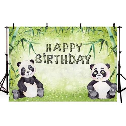 Cute Baby Child Birthday Party Pandas Bamboo Leaves Green Color Backdrop Photography Background Telon De Fondo Para Fotografia