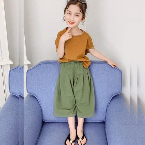 Summer Girls Clothing Sets Tracksuit For Big Children Kids Cotton Korean Short Sleeve T shirt and Wide Leg Pants 8 9 10 14 Years