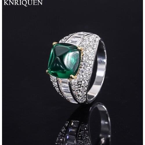 Luxury Real 925 Sterling Silver 10*10mm Emerald Sapphire High Carbon Diamond Rings for Women Vintage Cocktail Party Fine Jewelry