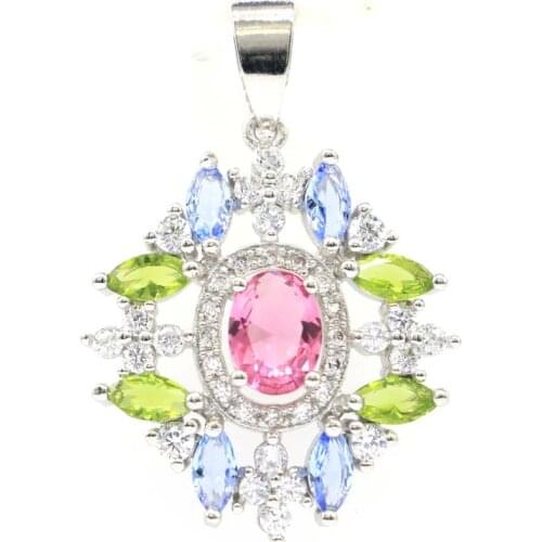 35x24mm Multi Color 4.2g Created Pink Tourmaline Green Peridot Violet Tanzanite CZ For Ladies Daily Wear Silver Pendant