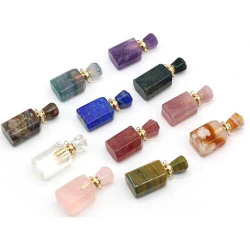 Small Pendant Natural Stone Rose Quartz Amethyst Fluorite Perfume Bottle Pendant for Jewelry Making DIY Necklace Accessories