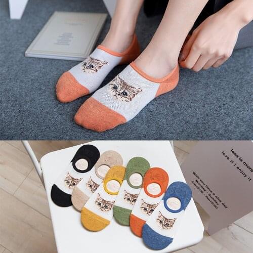 Fashion Women Cotton Invisible Socks Cat Pattern Comfortable Breathable Floor Boat Socks Ankle Low Non-slip Spring and Summer