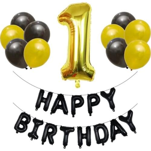 Black Gold Happy Birthday Banner Balloons Helium Number Foil Balloon for Baby Boy Kids 1 2 3 4 year Birthday Party Decorations