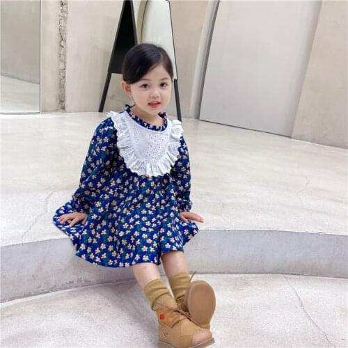 Girl baby pastoral style doll skirt autumn style Korean girl lace bib floral long-sleeved princess dress
